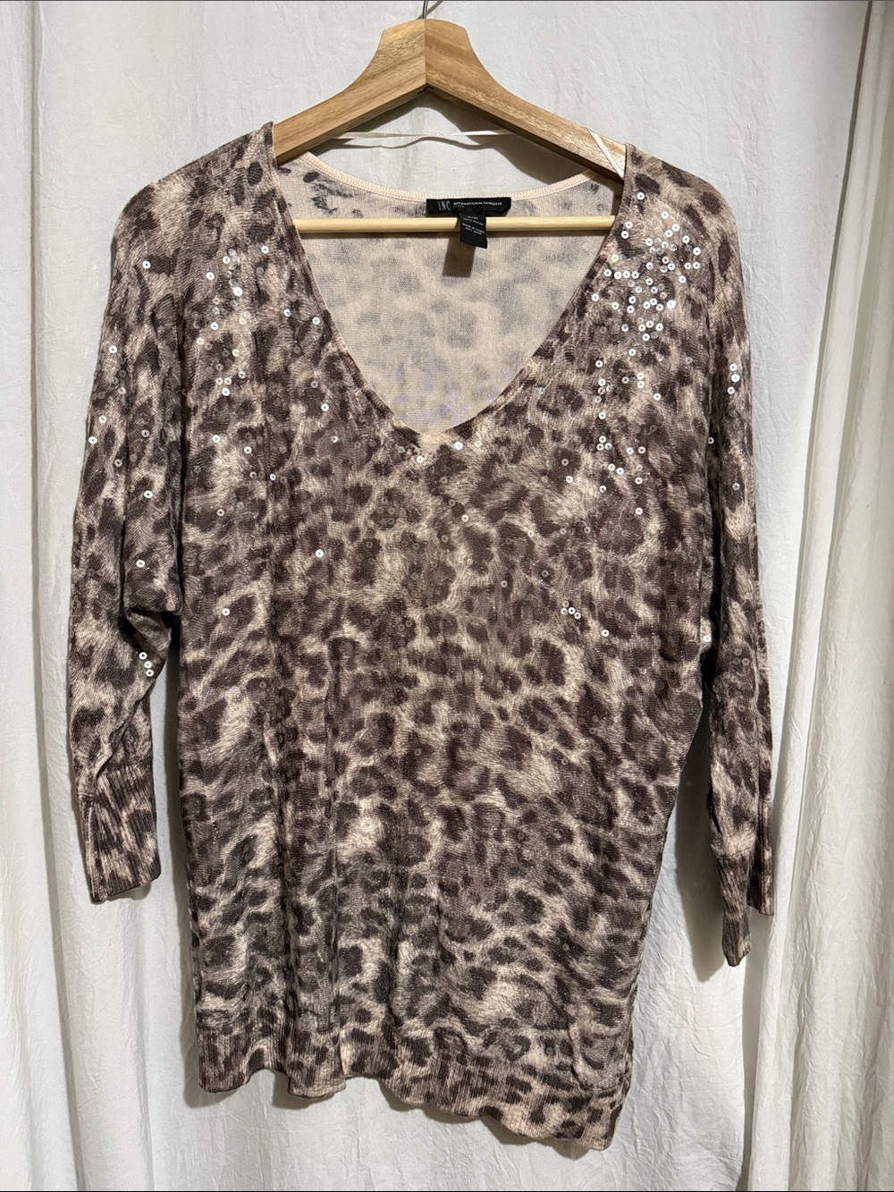 INC International Concepts Taupe Leopard Sequin V-Neck Sweater